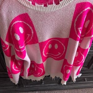 Altar'd State Pink and White Smiley Sweater